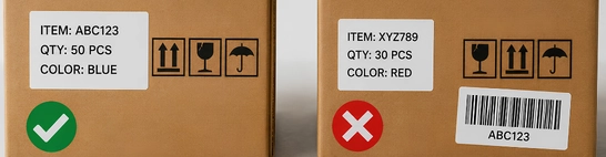 Kartons, die nicht zur Kennzeichnung, zu den Warnhinweisen oder zur Packliste passen