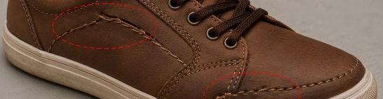 Skipped, loose or crooked stitching on uppers and overlays